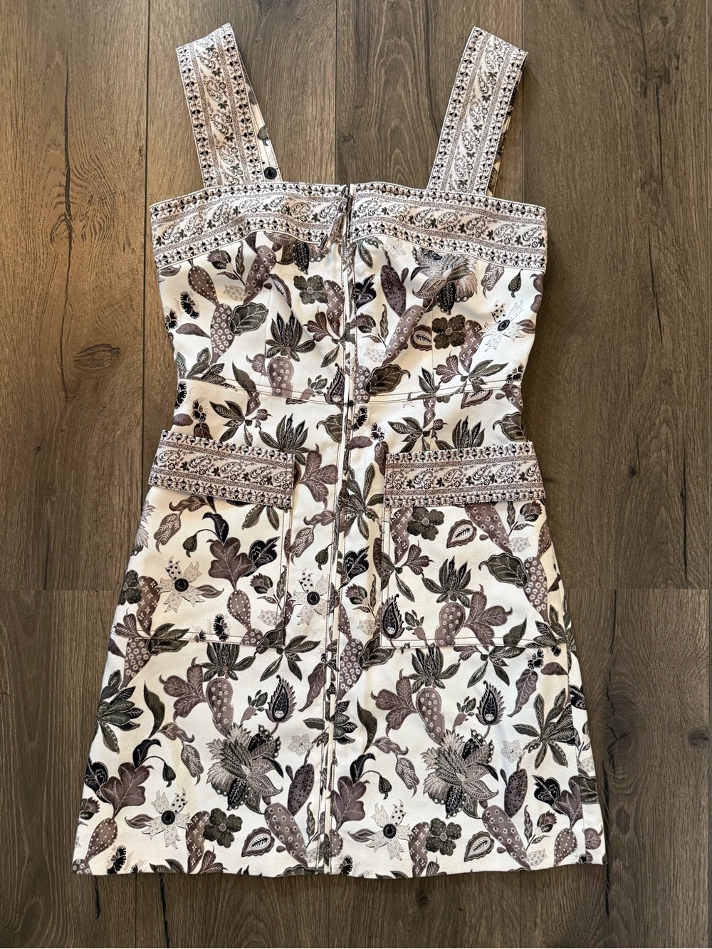 Tory Burch Botanical Print Mikado Apron Dress Floral Zip Front Sleeveless Size 2 - Picture 9 of 9